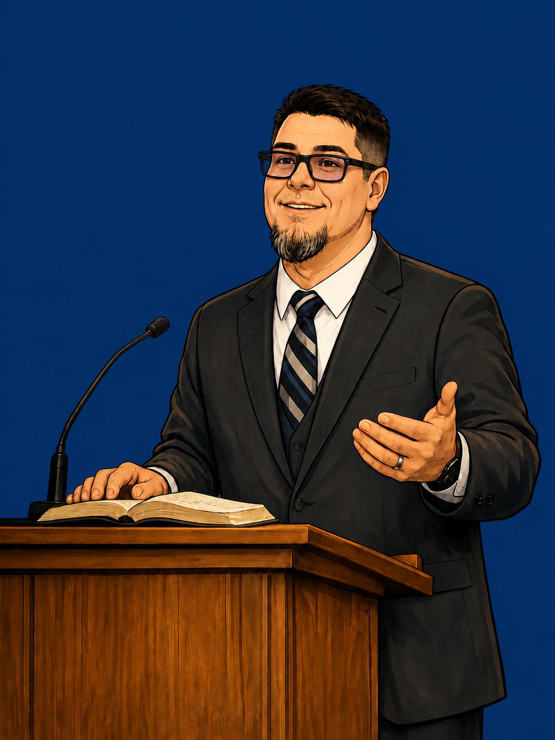 David McDougal compassionately teaching from an open Bible behind a wooden pulpit